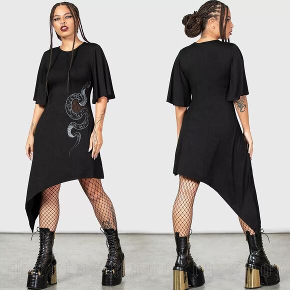 KILLSTAR Maple Asymmetrical Dress Snake Print in Black Viscose Women’s 4XL - Picture 1 of 12